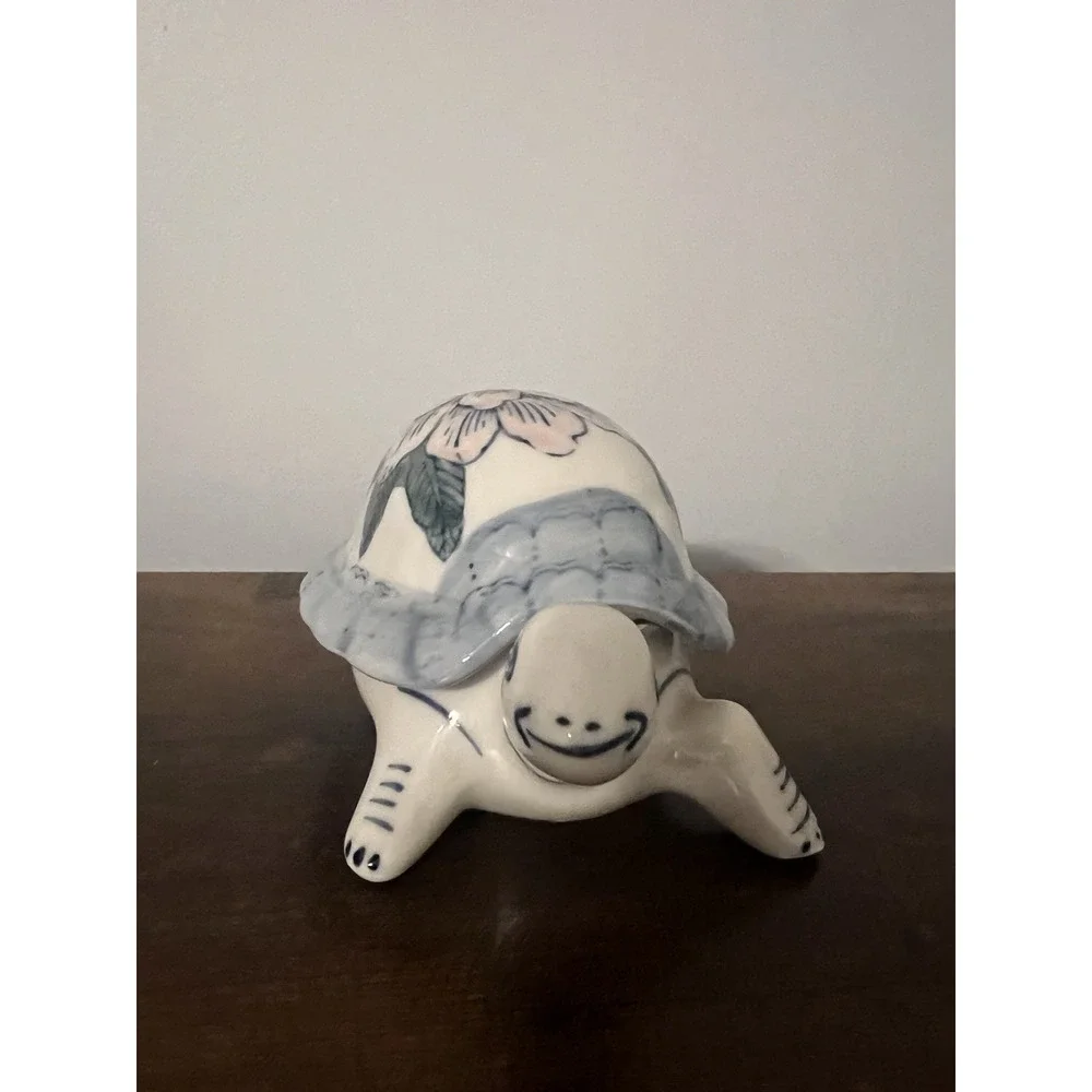 Vintage Ceramic Turtle Trinket Box Hand Painted Flower Shell
